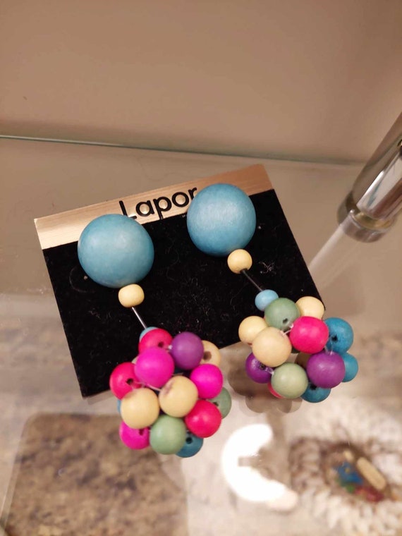 Retro Coloured Wood Ball Drop Earrings - image 2