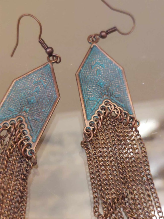 Boho Oxidized Metal Chain Long Dangle Earrings - image 5