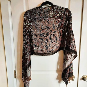 Beaded BROWN Burn Out Art Nouveau Animal Pattern Glass Beaded Velvet Shawl with Beaded Tassels
