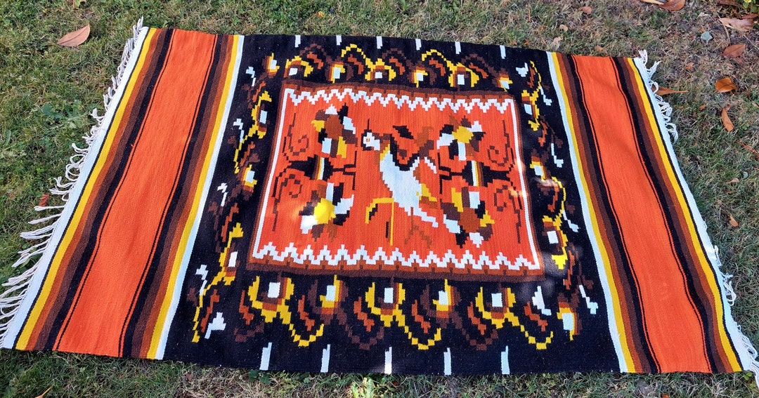 Vintage Hand Woven Wool Blanket Tapestry Mexico Bright Etsy