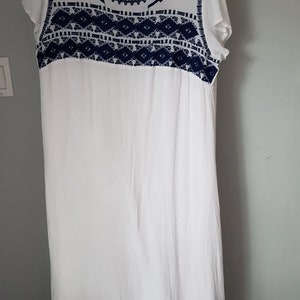 White Cotton and Blue Embroidered long Sundress Lined ,Size Large image 2