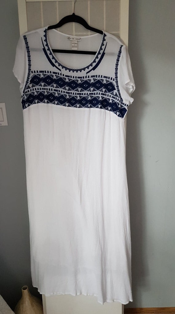 White Cotton and  Blue Embroidered long Sundress … - image 2