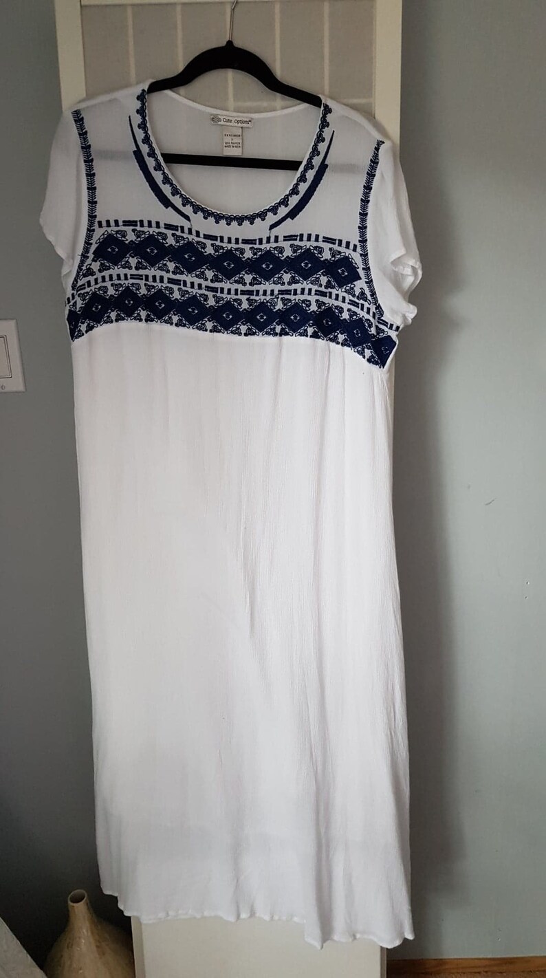 White Cotton and Blue Embroidered long Sundress Lined ,Size Large image 2