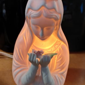 Vintage Madonna Porcelain Night Light, Mary Holding Rose, Gift