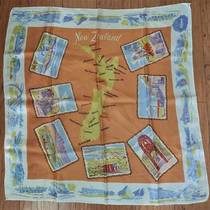 Vintage New Zealand 60&#39;s Tourist Attraction Scarf Hand Printed, Japan