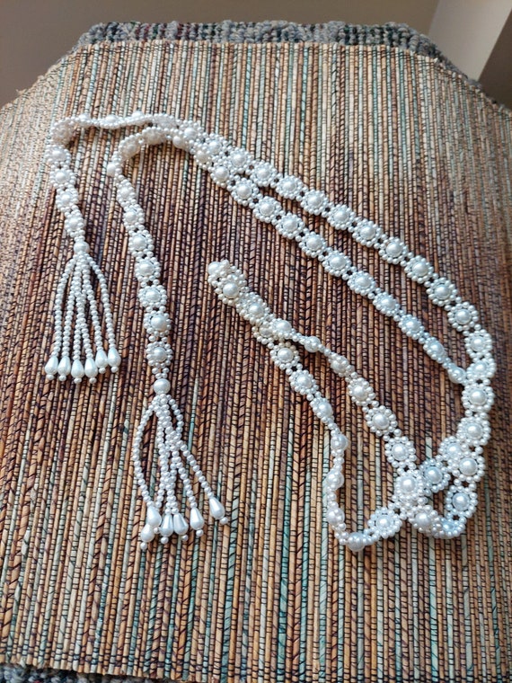 Vintage Intricate Woven Pearl Lariet Necklace wit… - image 3