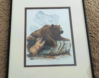 HAND SIGNED Vintage Sue Coleman Native Design Matted Print Picture - Bear and Cub