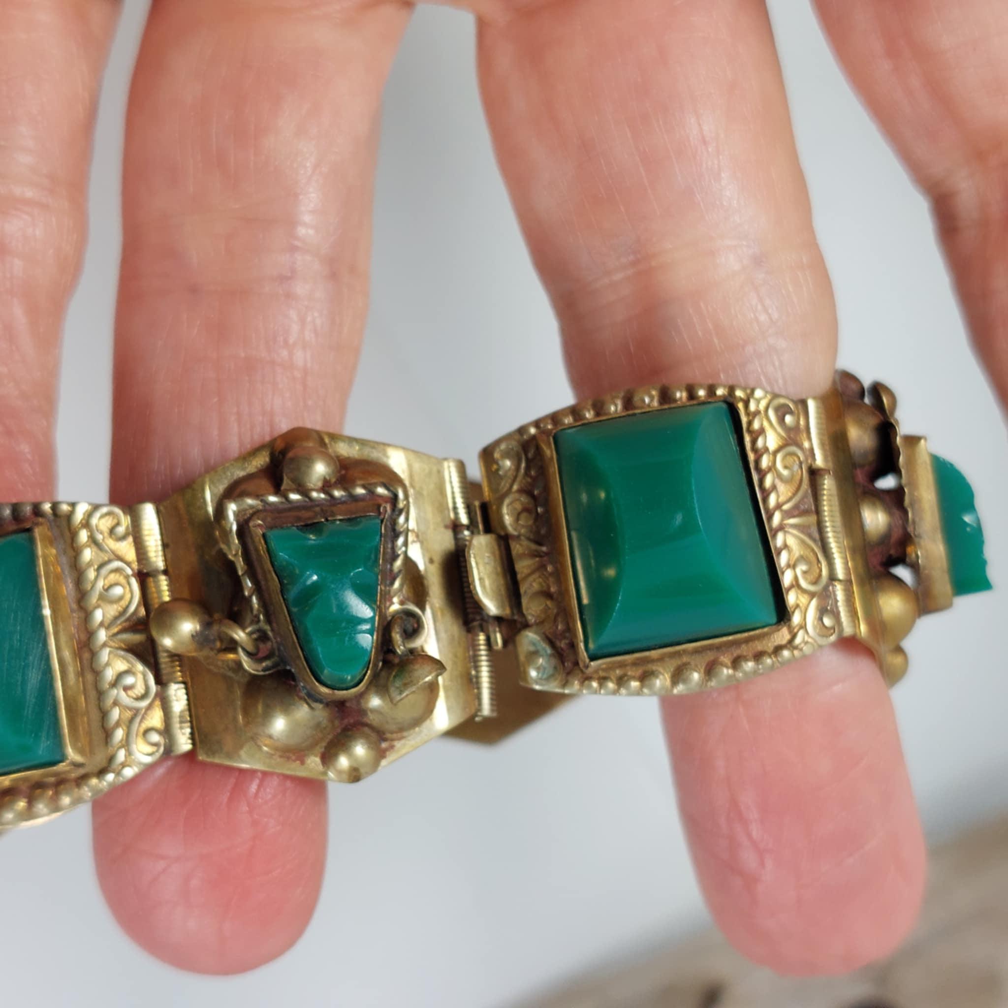 Mexico Vintage Alpaca Brass Panel Bracelet With Green Glass Stones