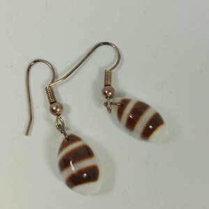 May include: A pair of earrings with brown and white striped oval-shaped shell beads hanging from gold-toned hooks.
