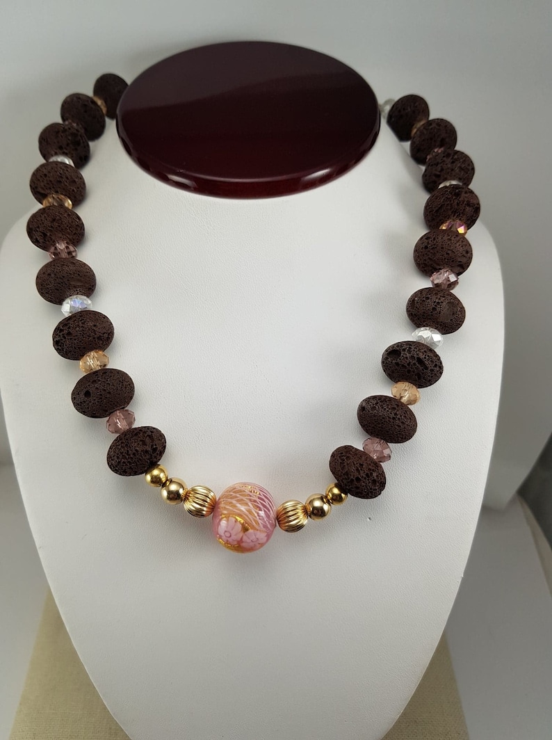 Vintage Murano Italian Pink Glass and Brown Beaded necklace with Matching Earrings