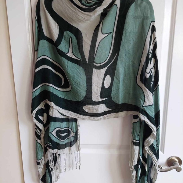 First Nations Native Feather Design Green and White Scarf or Shawl