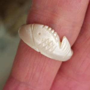 May include: A cream-coloured ring carved into the shape of a fish. The ring features a smooth, polished surface with incised lines detailing the fish's eye, scales, and tail fin. The design is continuous, forming a band that wraps around the finger.