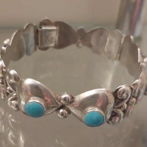 Bracelet vintage Mexico Taxco incrusté de pierres turquoises, estampé, années 1960