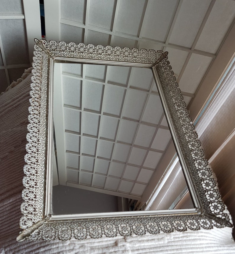 Rectangle Vintage Brass and White Filigree Footed Vanity Mirror