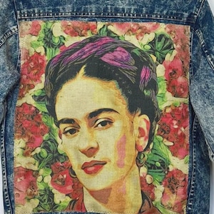 Upcycled Acid Wash Denim Jacket with Frida Kahlo Back Panel