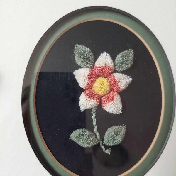 Vintage Moose Hair Tufting Flowers Framed Picture, Hay River, NWT