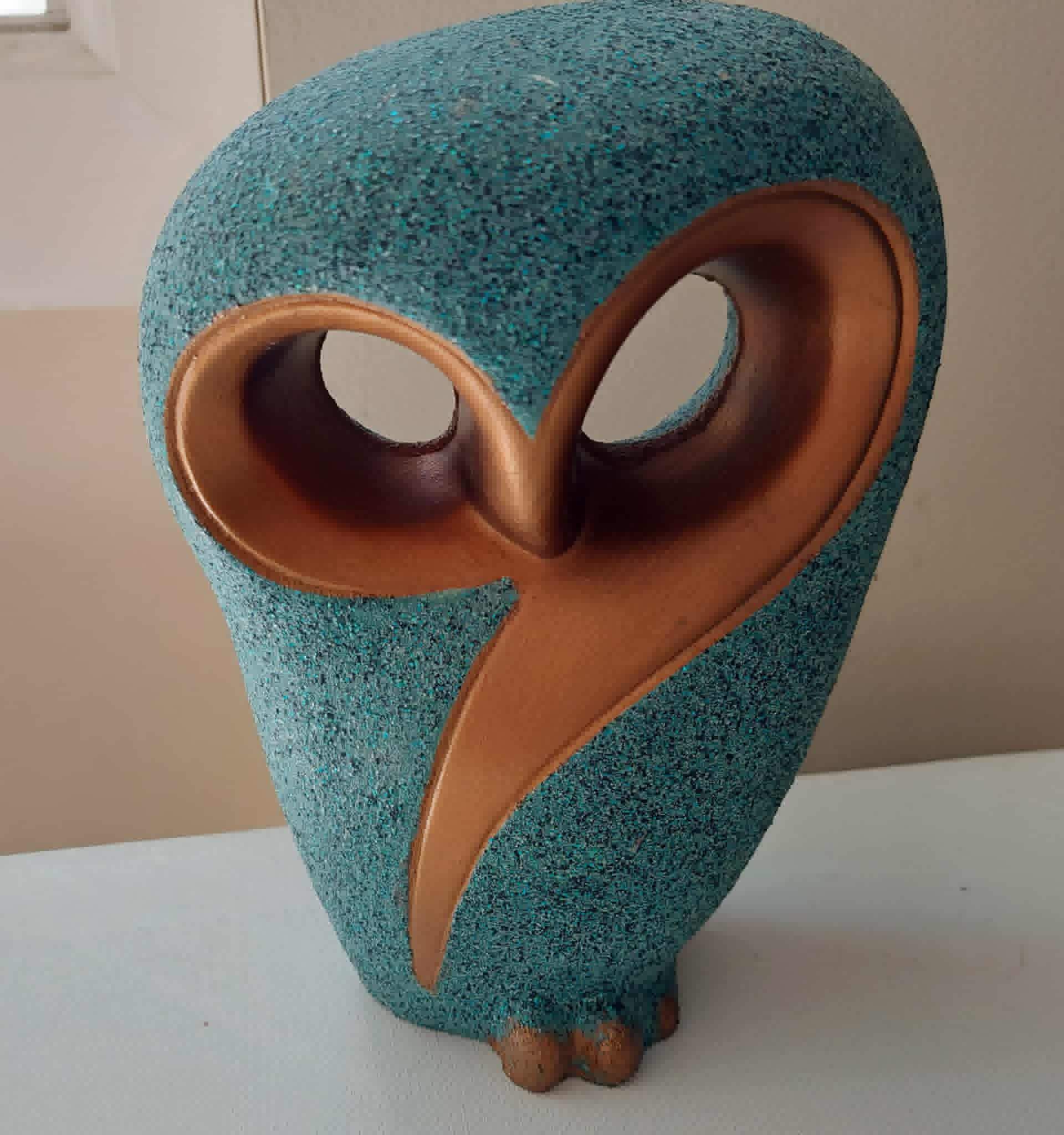 Sand Art Pottery Owl Figurine Teal Gold 6 1/2" tall