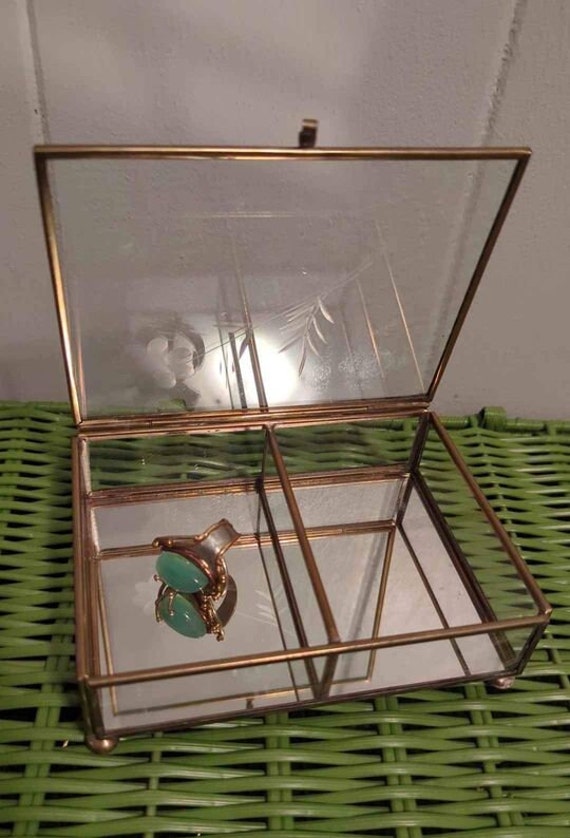 Etched Flower Glass and Brass Mirrored Jewelry Box - image 5