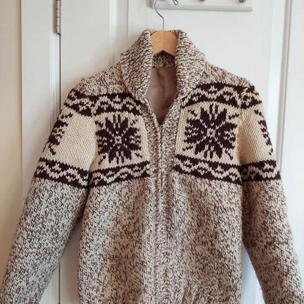 Brown and Beige Wool Small Ladies Cowichan Sweater Jacket - Cowichan  - Wool Jacket - Hand Knit Coat - Native American