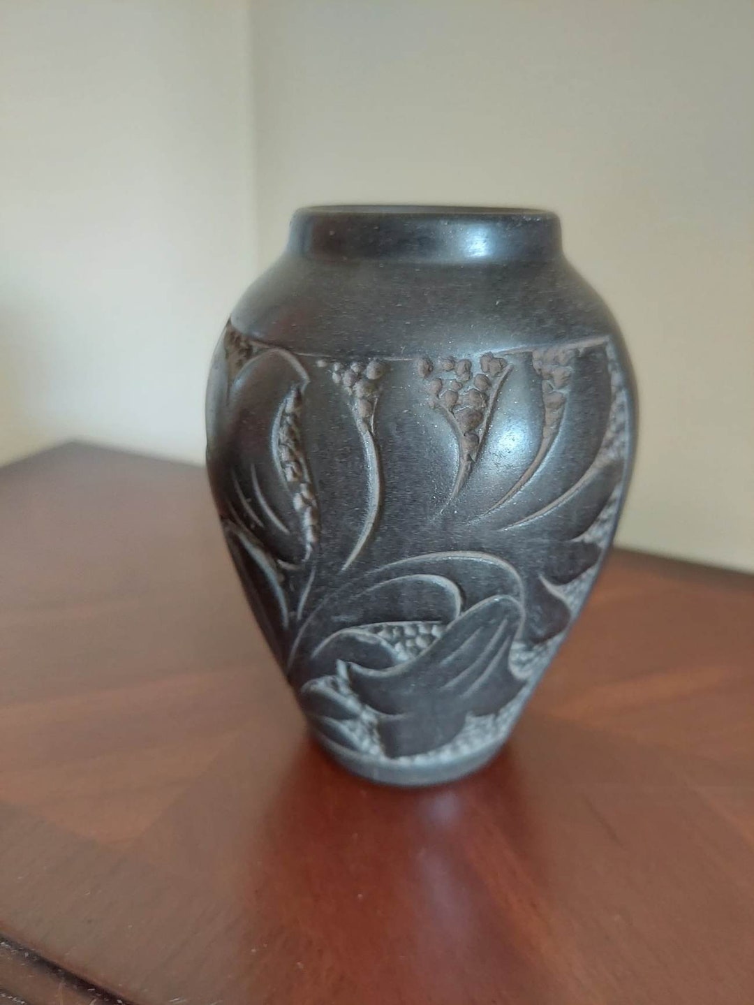 Vintage Black Clay Carved Small Vase Etsy