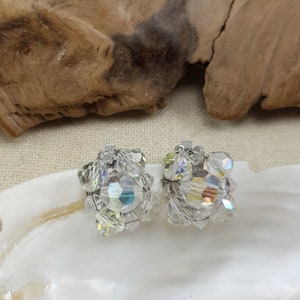 Vintage AURORA BOREALIS Faceted AB Crystal Cluster Clip on Earrings
