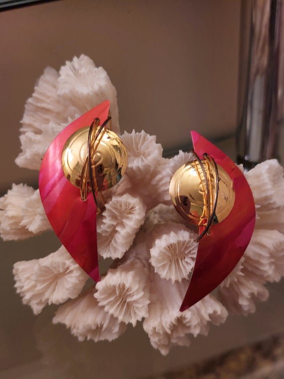 Enamel Pink and Gold Artisan Made Earrings - image 2