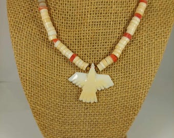 Vintage Carved Shell Eagle Native Design Shorter Beaded Necklace, 14 inches