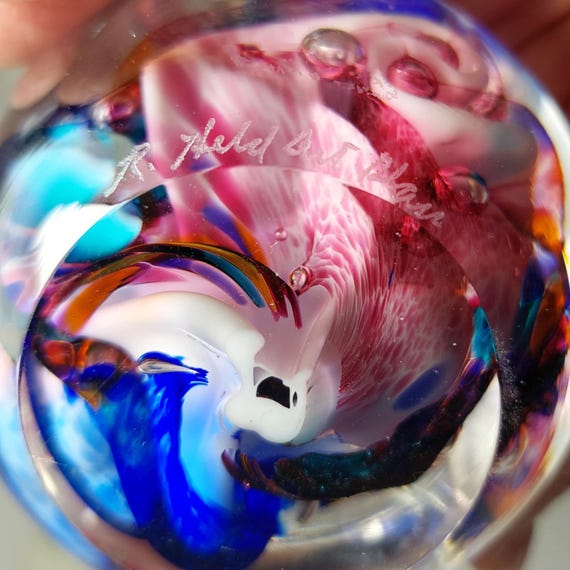 Robert Held Art Glass Swirl Cobalt Blue and Pink Paperweight