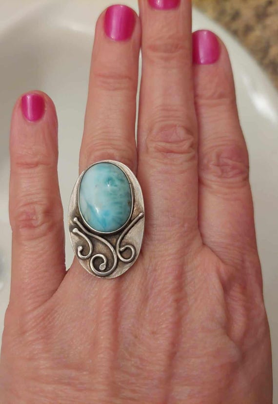 Larimar Ring Sterling Silver, Large Statement Rin… - image 1