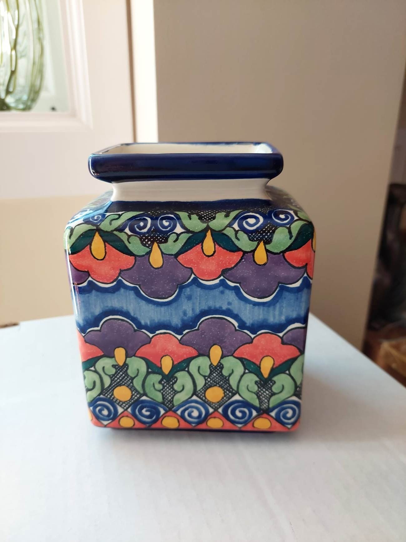 【美品】花器　陶器　メキシコ　置物　インテリア　工芸品　美術品　A2720 Mexico Montezuma Hand Made Vintage Pottery Square Vase- South West