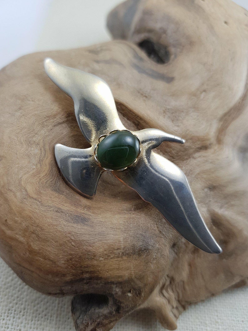 Vintage Bird and Genuine Jade Stone Brooch Pendant Option