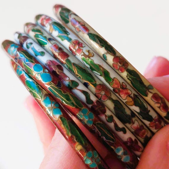 SIX Vintage Chinese, Cloisonne Bangles, Floral Designs, Enamel, Gold Tone