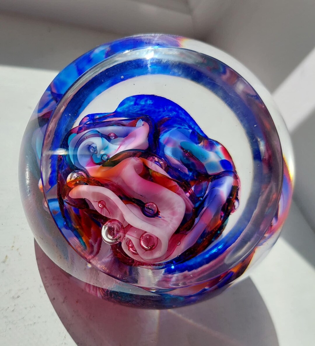Robert Held アートガラス Robert Held Art Glass Swirl Cobalt Blue and Pink Paperweight