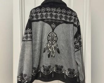 Vintage First Nations fleecejack met verendesign, 2XLarge, gemaakt in Canada