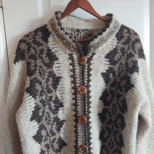Vintage Brown, Cream and Light Brown Wool LARGE Cowichan Sweater Jacket -  Design Cowichan Sweater - Wool Jacket Warm - Hand Knit Coat -