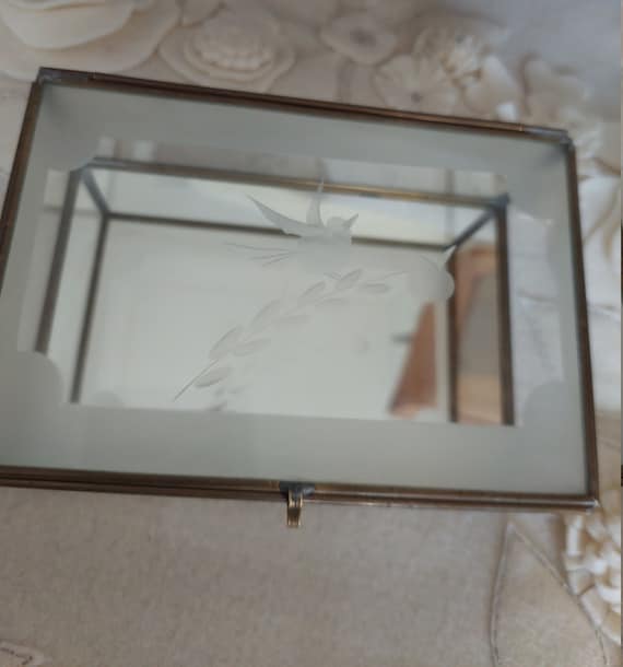 Etched Bird Glass and Brass Mirrored Jewelry Box - image 2