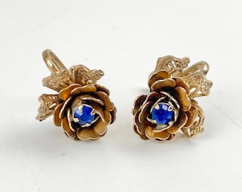 Antique Czech Filigree Gold Tone Rose Blue Rhinestone Screw Back Earrings