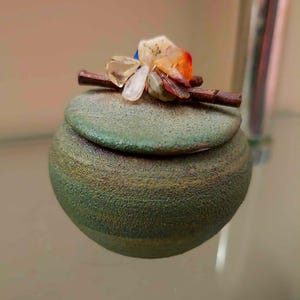 SMALL Stunning Raku Pottery Lidded Container with gemstones, Signed Jeremy Diller