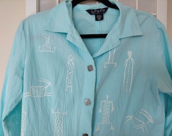 Turquiose Cotton Vintage Tribal Button Up Shirt.. Dagoli Style