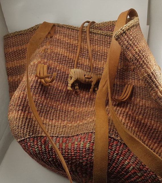 Vintage Leather and Straw Purse, Leather Purse, Wo