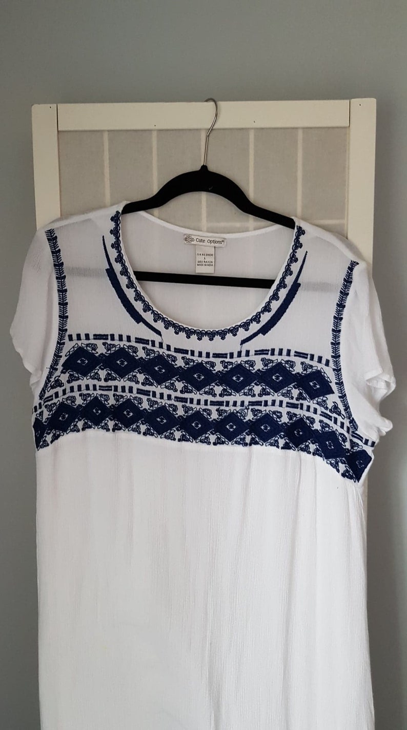 White Cotton and Blue Embroidered long Sundress Lined ,Size Large image 5