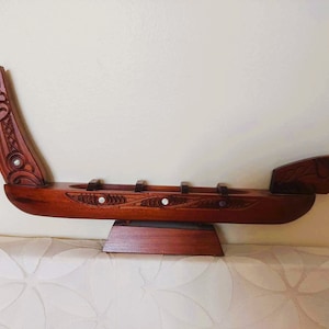 Maori Tekoteko Vintage Hand Carved Wooden Canoe - Made in New Zealand
