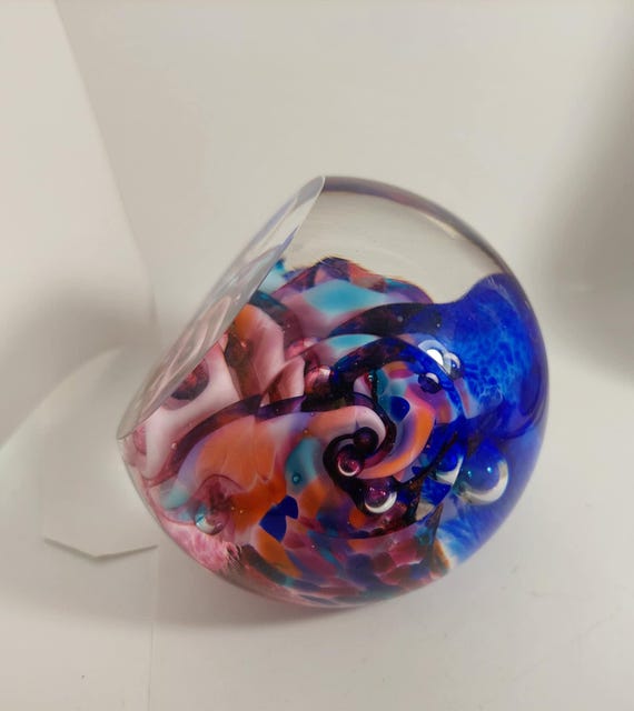 Robert Held Art Glass Swirl Cobalt Blue and Pink Paperweight
