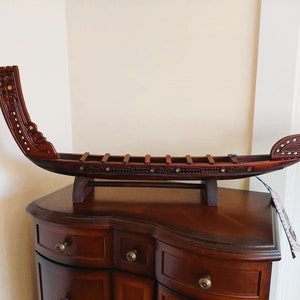 Maori Tekoteko Vintage Hand Carved Wooden LONG 33.5 Inches Canoe - Made in New Zealand