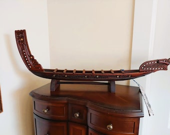 Maori Tekoteko Vintage Hand Carved Wooden LONG 33.5 Inches Canoe - Made in New Zealand