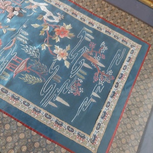 Vintage Chinese Silk Hand Embroidered  Large Framed Picture- Blue & Gold Brocade Border Handmade Asian Art