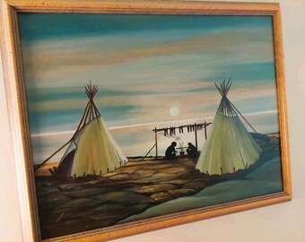 Original Oil Painting, Vinage First Nations Teepee Setting