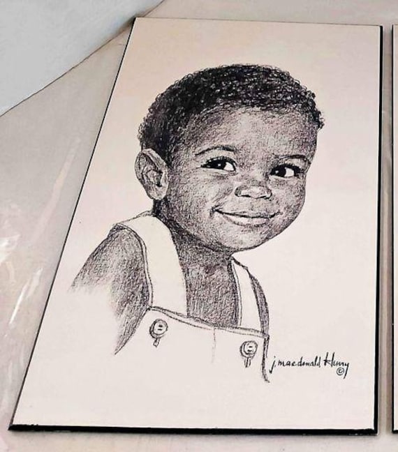 17 Inch Vintage Jamaican Child Portrait Charcoal Art Wood Block