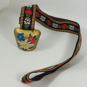 Vintage Hand Painted Edelweiss Brass Swiss Cow Bell