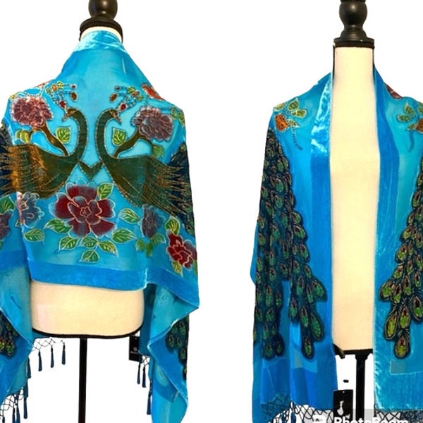 Turquoise Peacock Burn Out Art Nouveau Glass Beaded Velvet Shawl,